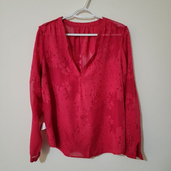Katherine Barclay Montreal Womens Sheer Blouse Red Long Sleeve Split Neck Size M - Picture 3 of 8